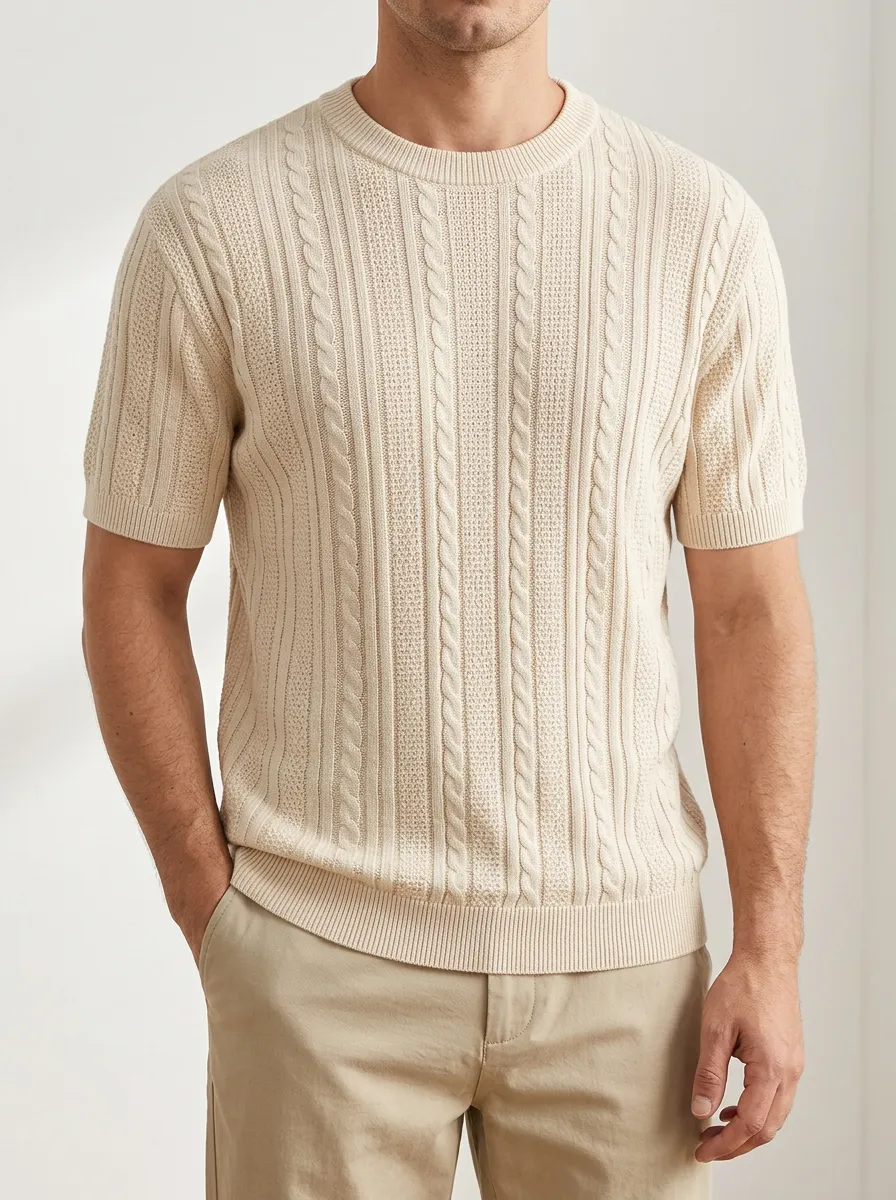 Men's Crew-Neck Cable-Knit Textured Knit T-Shirt