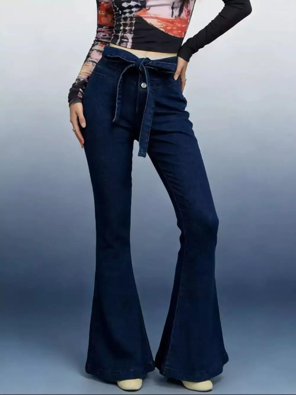 Bow-Tie High-Waisted Flare Jeans