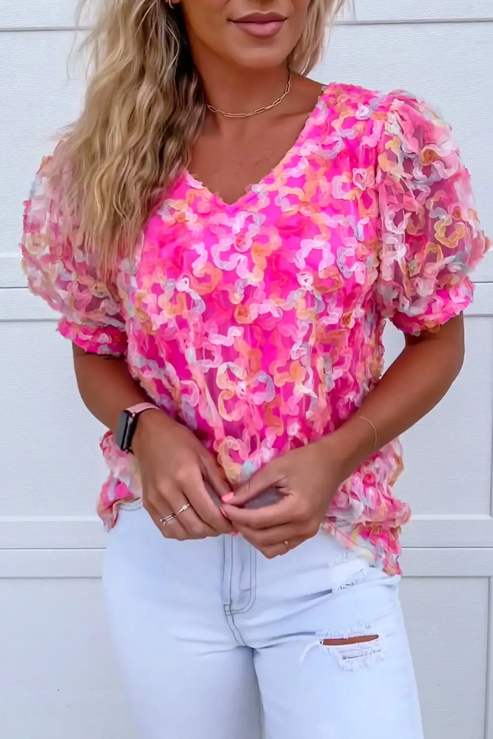 Flowery Mesh Short Puff Sleeve Blouse