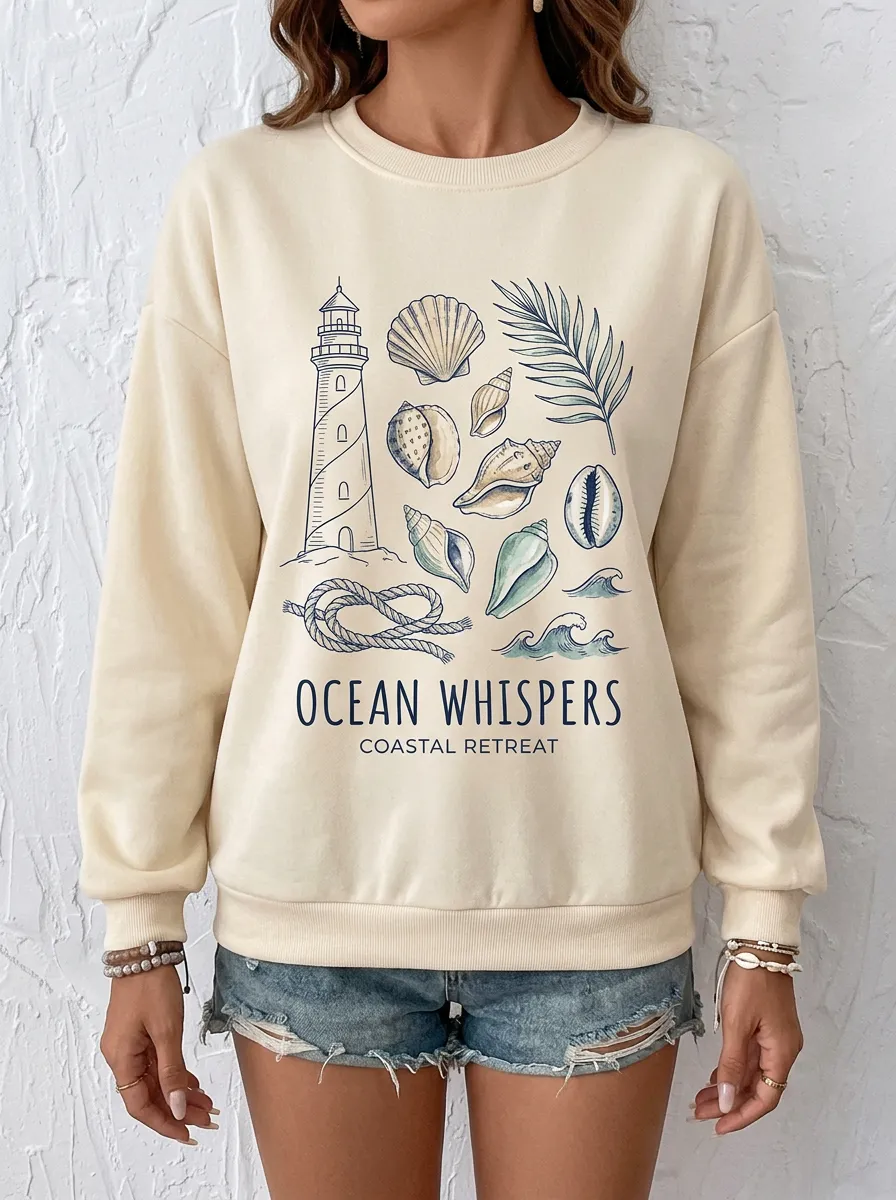 Women's Coastal Ocean Lighthouse Seashell Graphic Sweatshirt