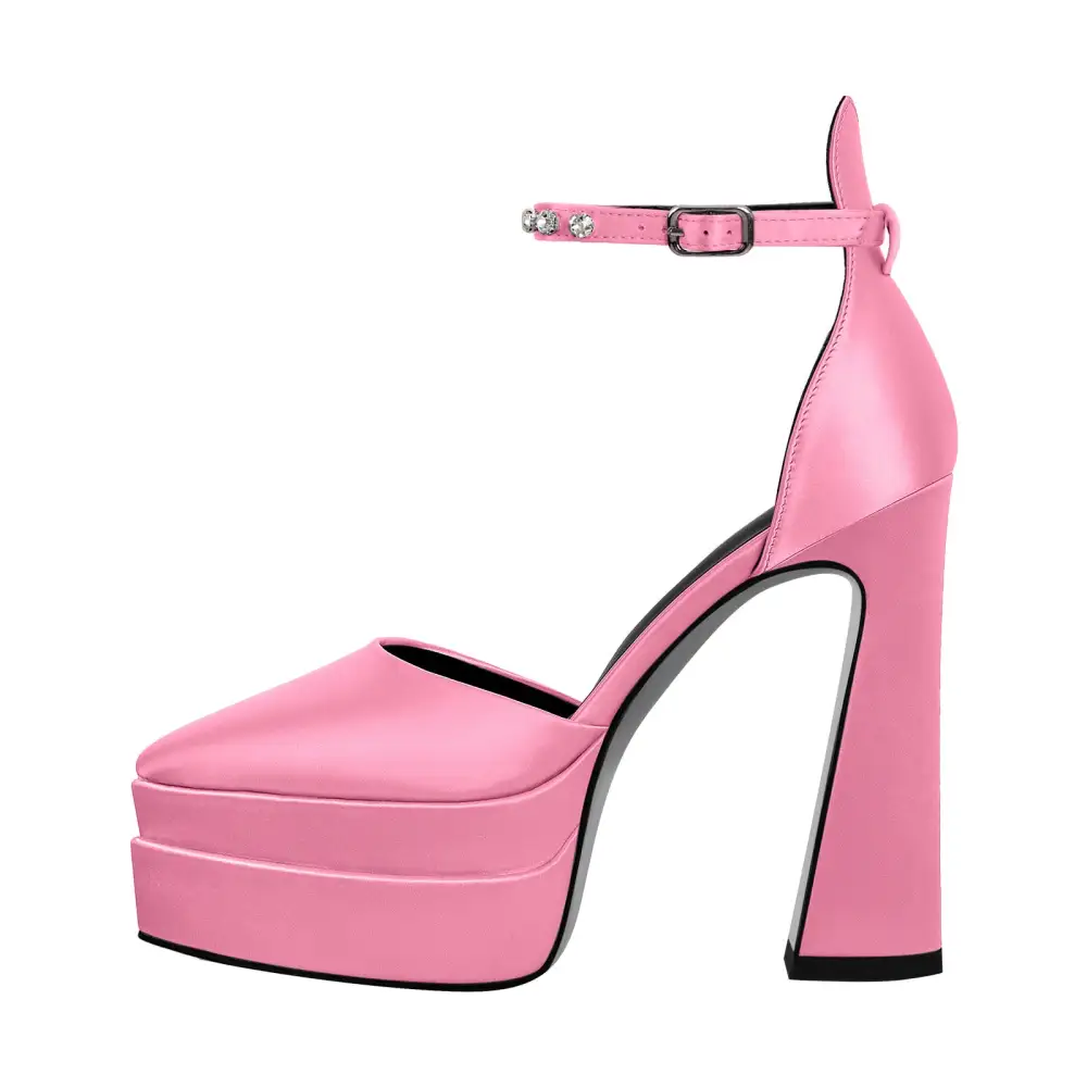 Satin Finish Rhinestone Pointed Toe Double Platform Chunky Heel Pumps