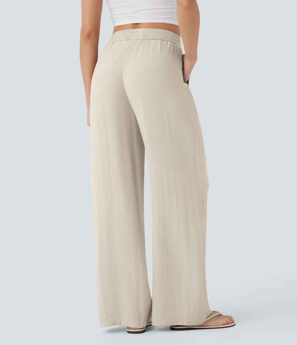 2026🔥  High Waisted Drawstring Pocket Wide Leg Casual Linen-Feel Pants