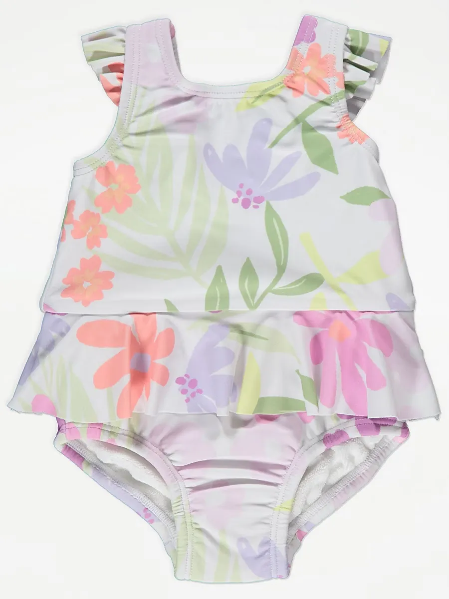 White Tropical Floral Nappy Swimsuit