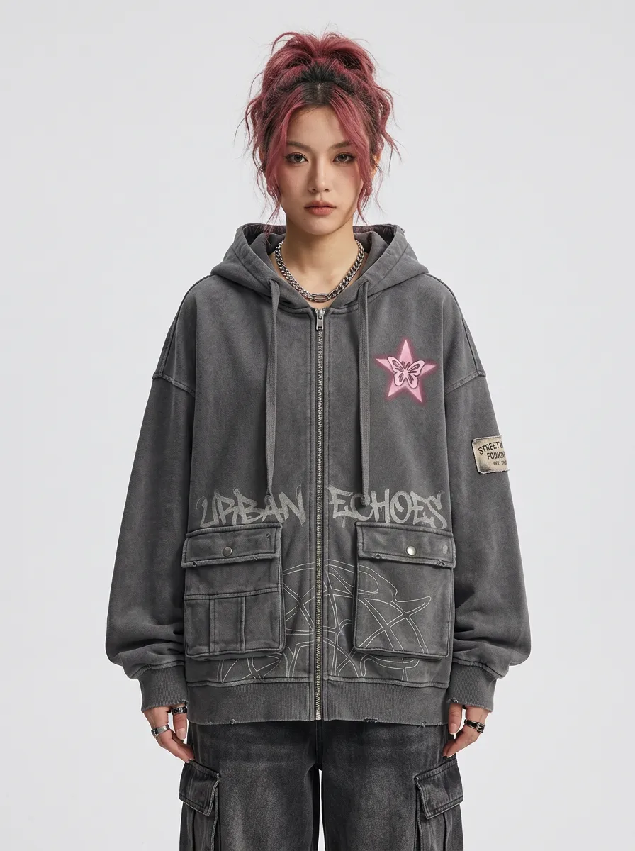 Women's Streetwear Butterfly Star Printed Zip-up Hoodie