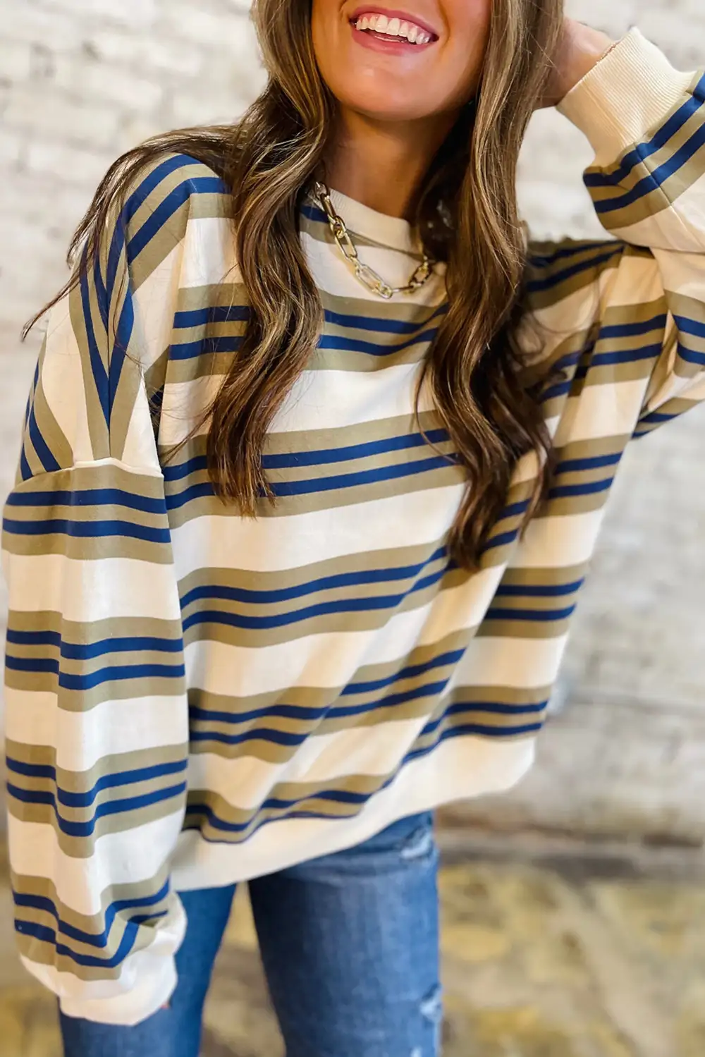 Everyday Striped Drop Shoulder Crewneck Sweatshirt
