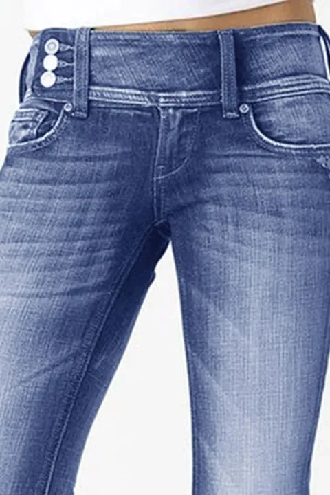 Vintage Button Side Design Mid Waist Flare Jeans