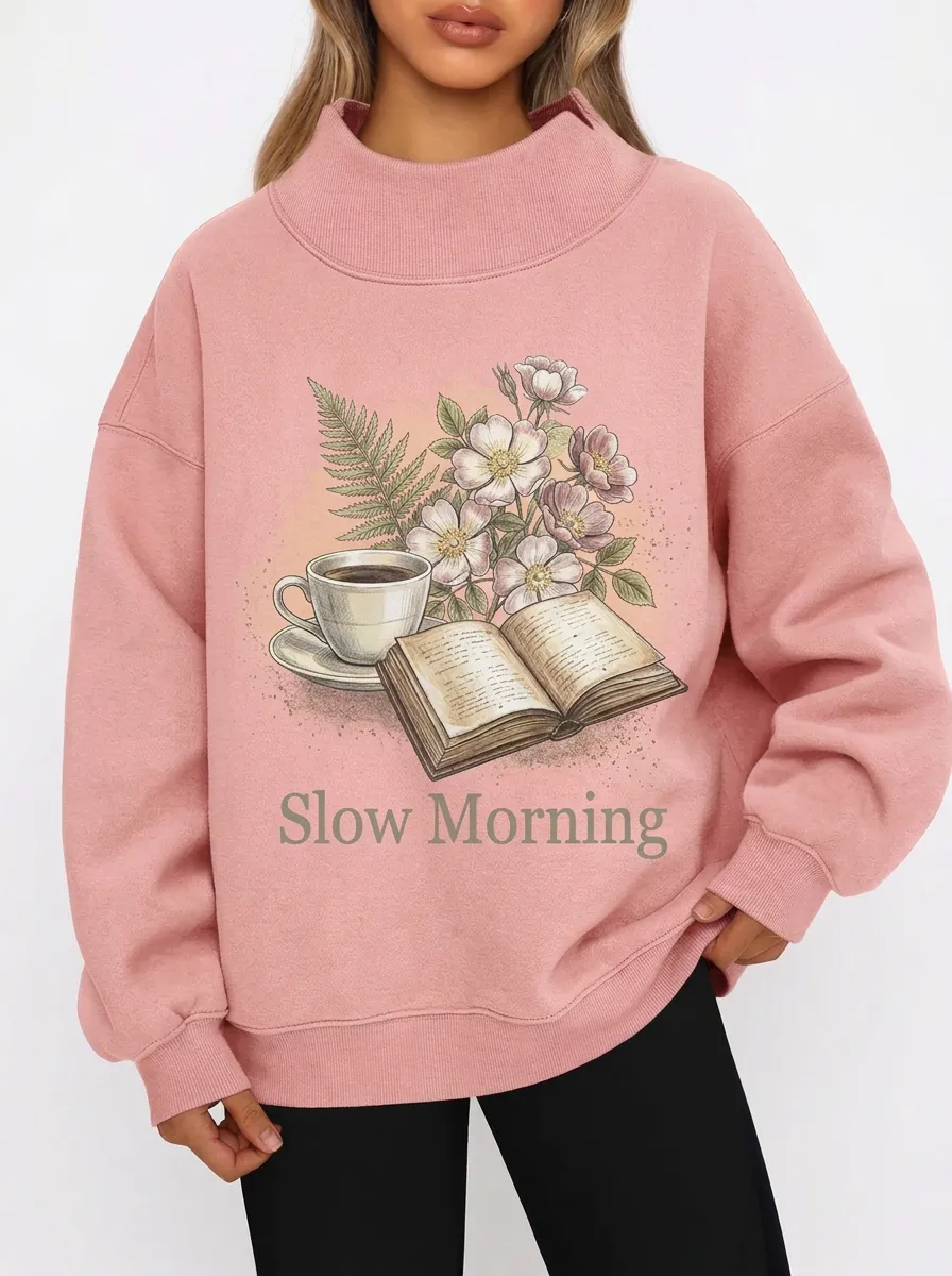Women's Book Coffee Lover Slow Morning Floral Graphic Sweatshirt