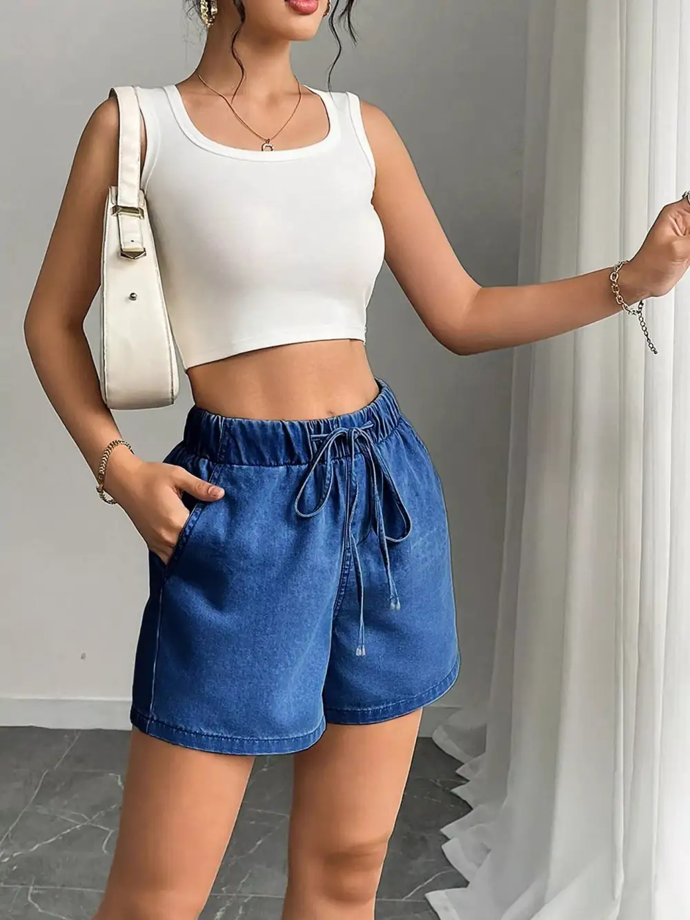 High-Waist Drawstring Pocketed Cotton Denim Shorts