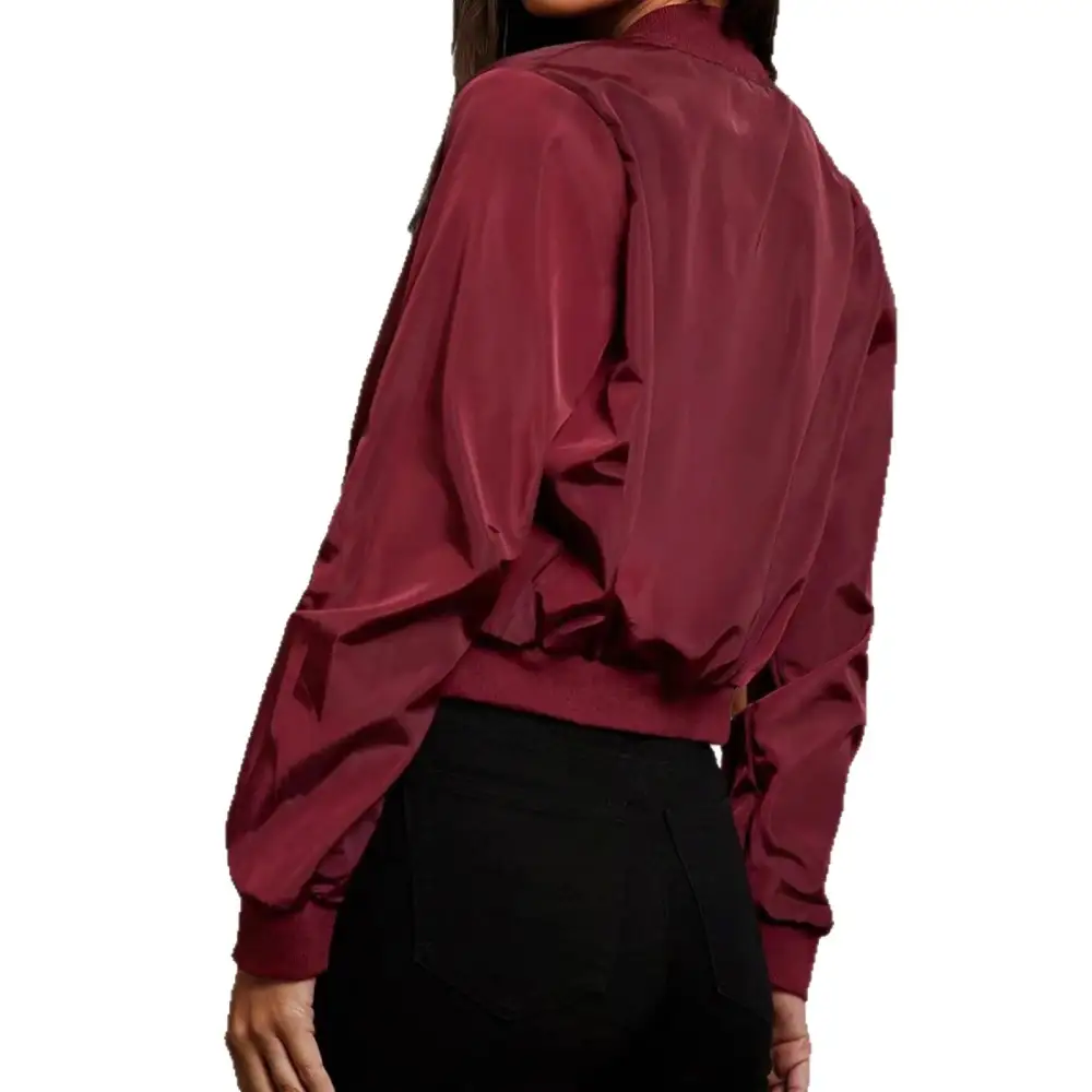 Cropped Satin Utility Pocket Elastic Hem Bomber Jacket