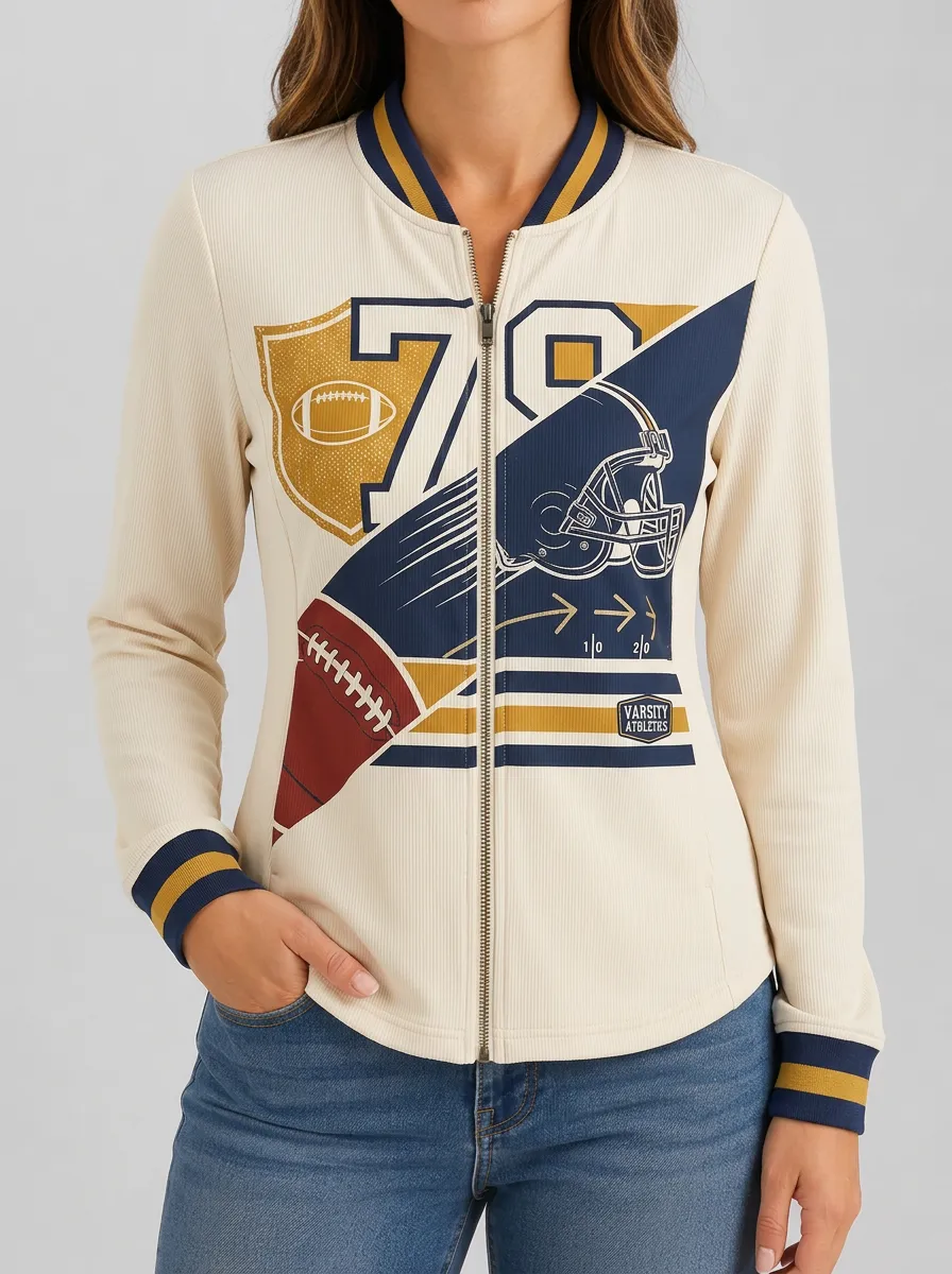 Women's American Football Fan 79 Helmet Printed Varsity Jacket