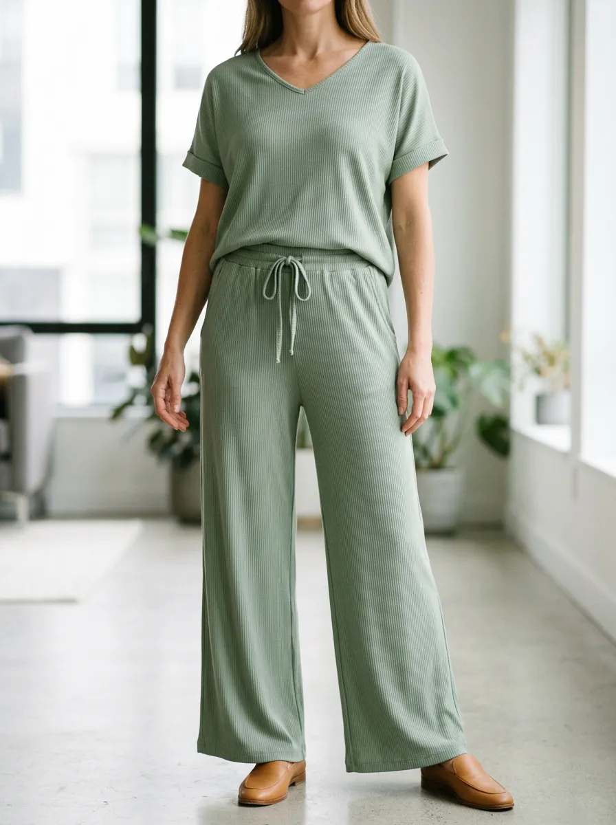 Women's V-Neck Lounge Wide Leg Pants Set