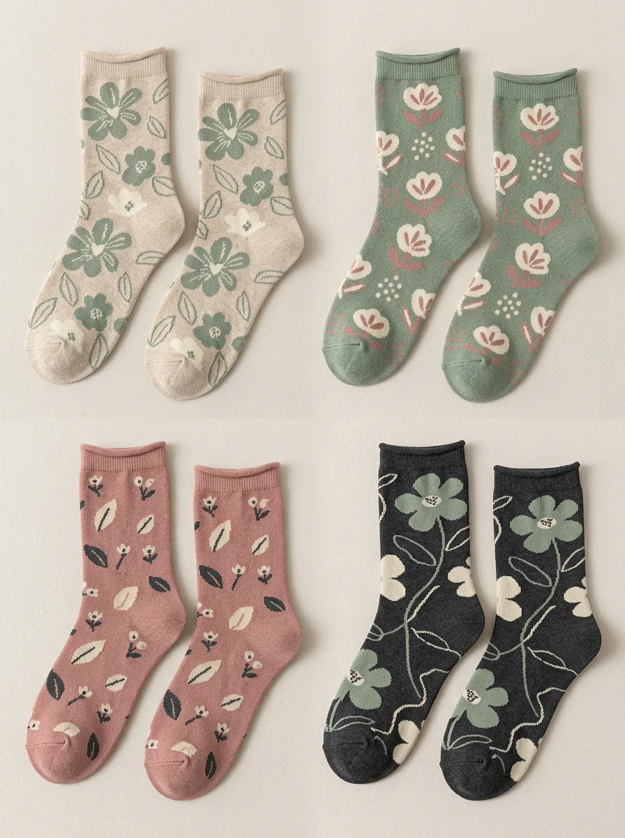 Women's Four-Pair Vintage Botanical Rolled-Cuff Sock Set
