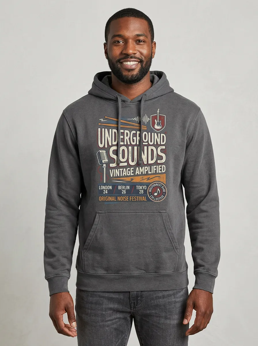 Men's Music Lover Underground Sounds Drum Guitar Printed Hoodie