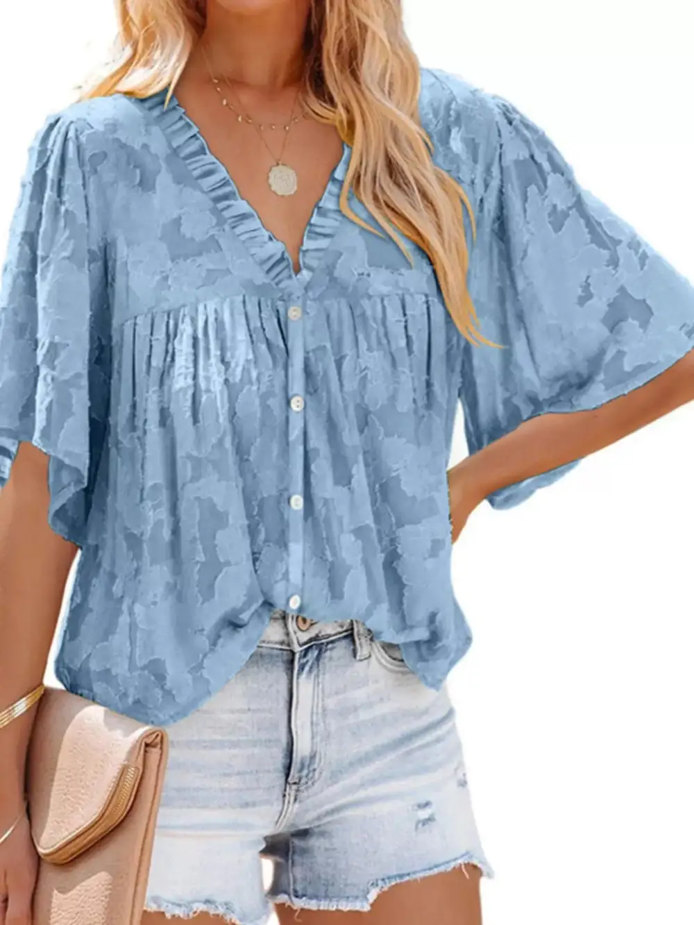 Textured V-Neck Button-Down Shirt