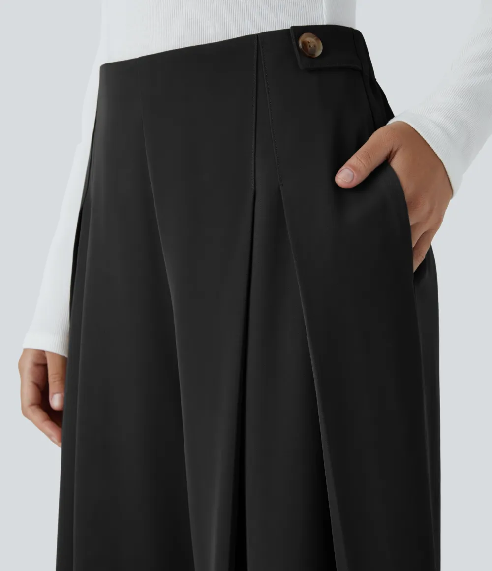 High Waisted Decorative Button Plicated Side Pocket Wide Leg Work Pants