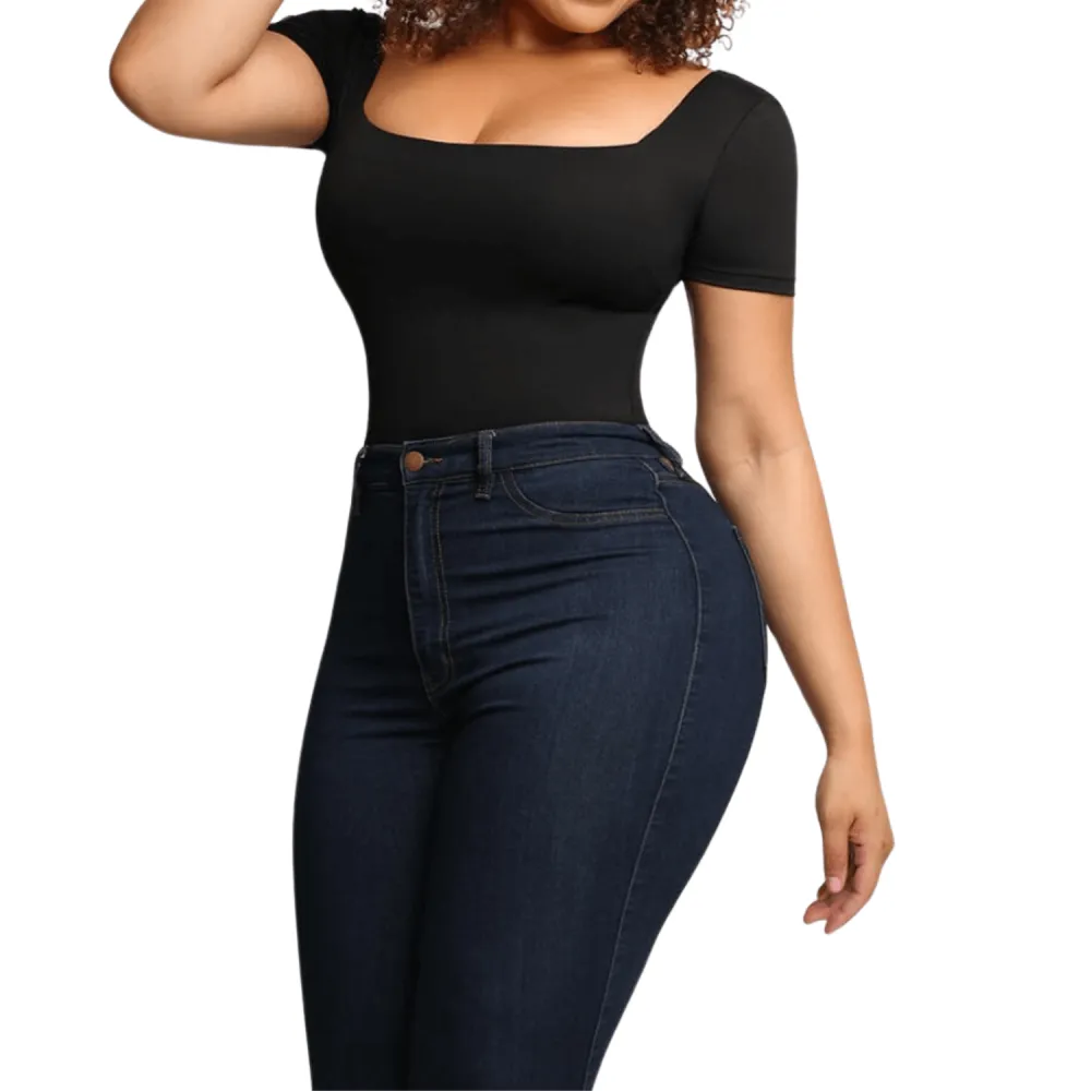 Square Neck Short Sleeve Shaping Bodysuit