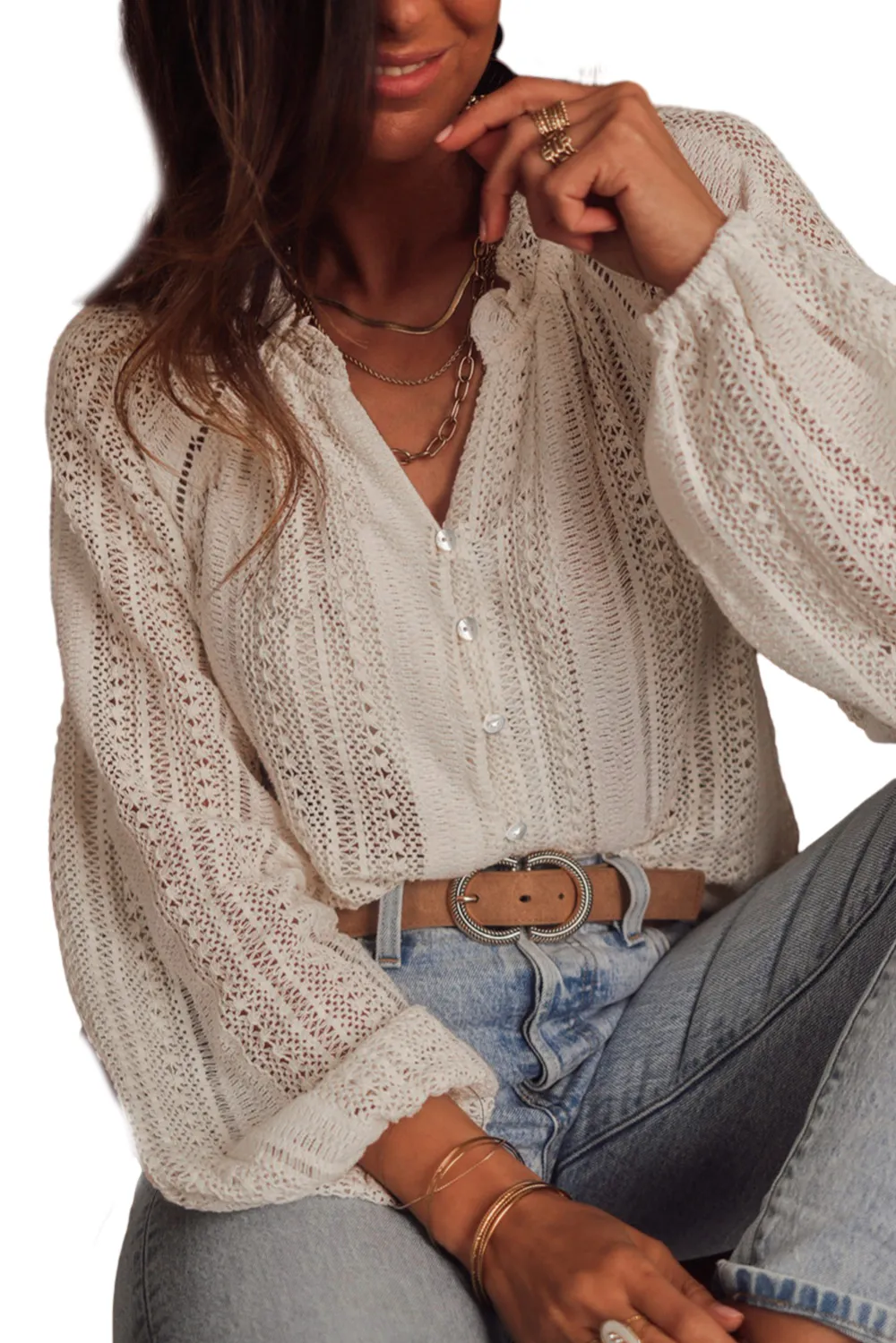 White Lace Hollow Out Puff Shirt