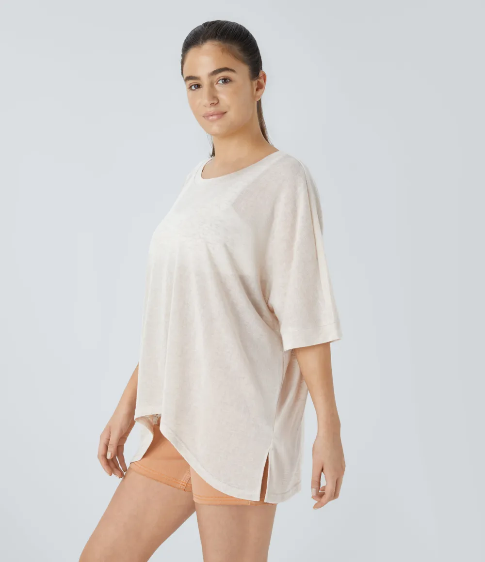Asymmetric Split Hem Sheer Oversize Casual Top