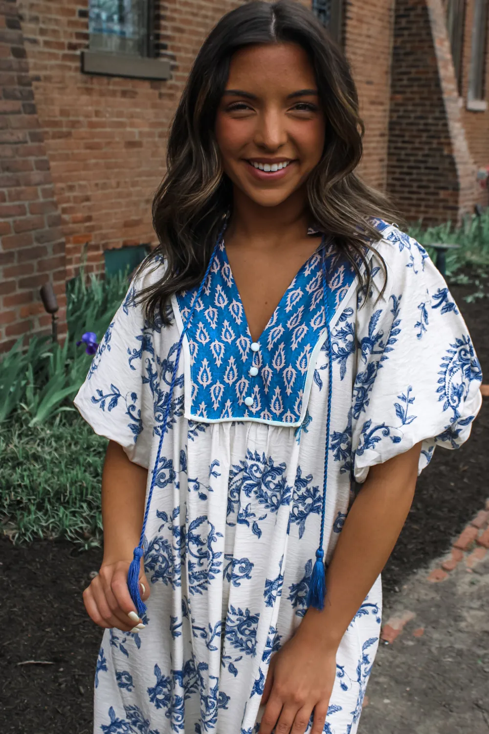 Blue Abstract Tie Neck Dress