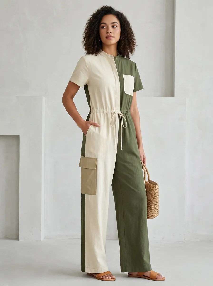 Women's Casual Two-Tone Colorblock Cargo Pocket Jumpsuit