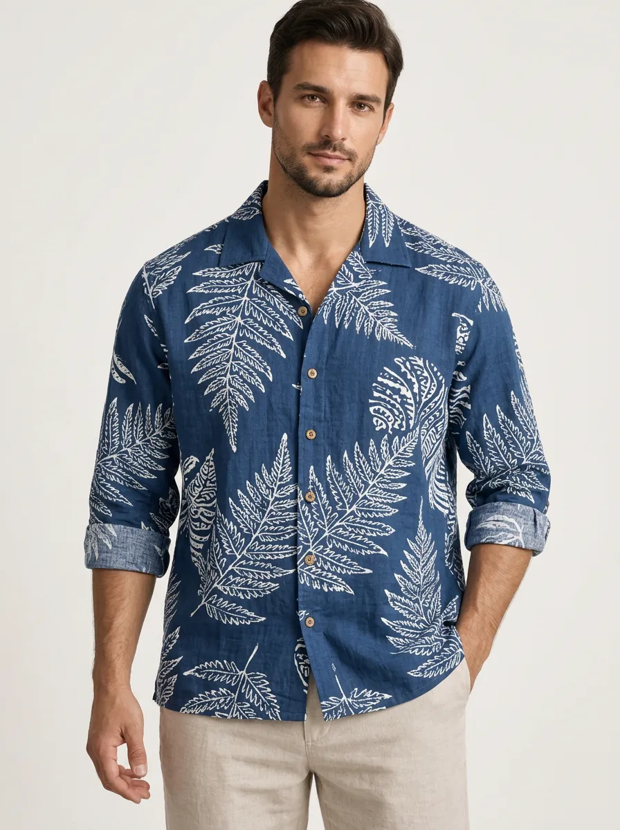 Men's Resort Inspired Fern Printed Linen Shirt