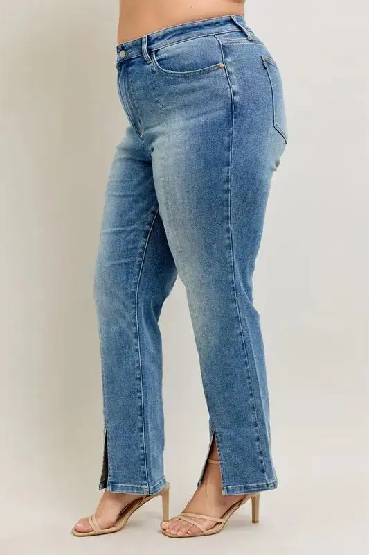 High-Waist Distressed Vintage-Wash Front-Seam Straight Leg Jeans