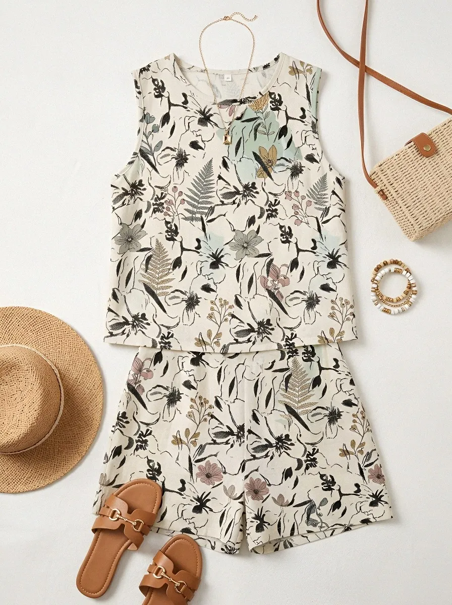Women's Botanical Floral Fern Printed Sleeveless Shorts Set