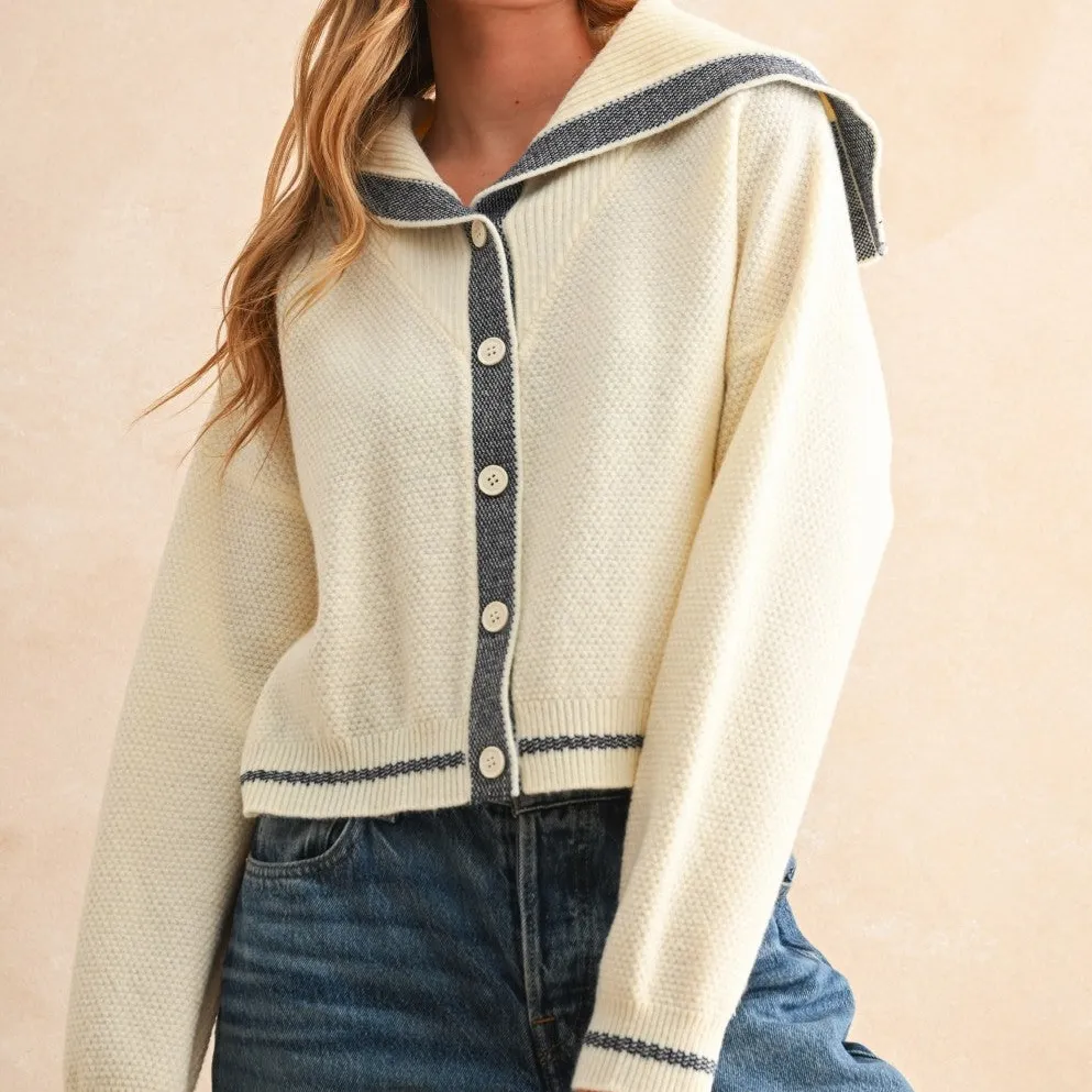 Ribbed Button Front Dropped Shoulder Striped Cardigan