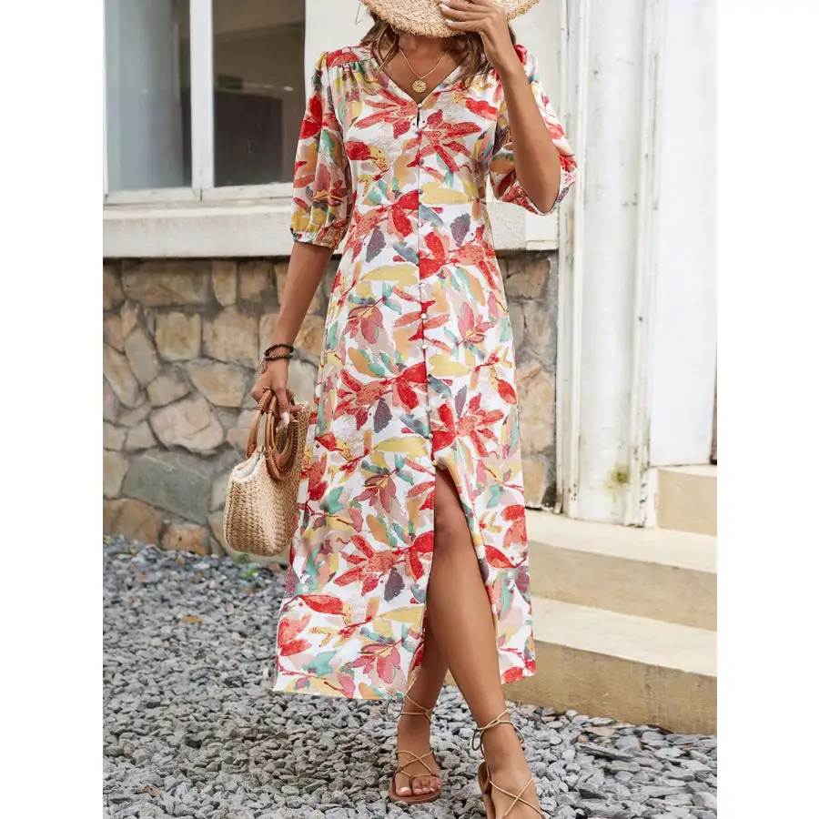 Printed V-neck Half Sleeve Midi Dress