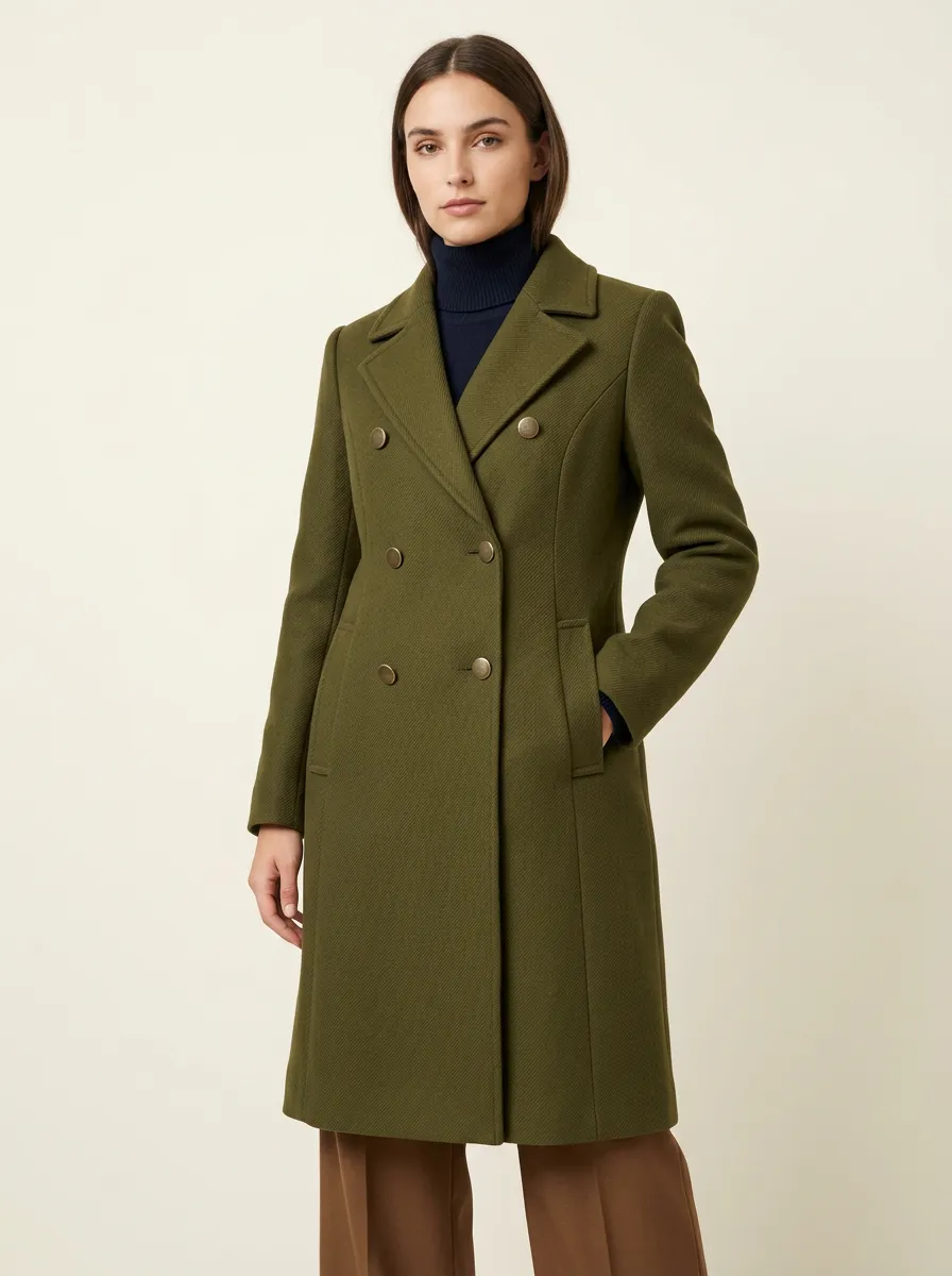 Women's Olive Green Double-Breasted Wool-Blend Trench Coat