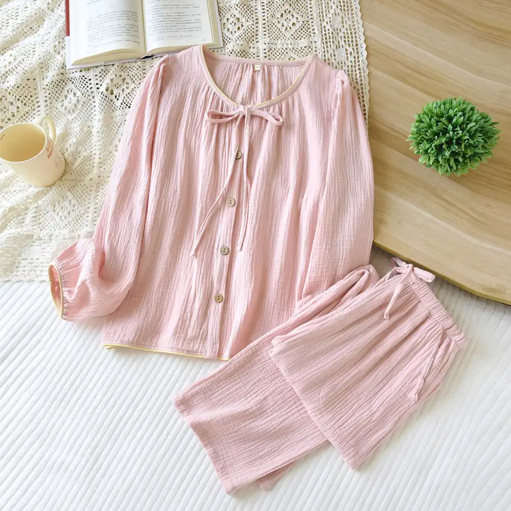 Tie-Up Cotton Textured Pajama Set