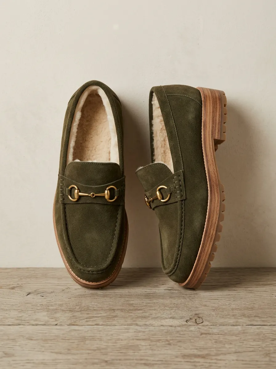 Women's Faux Fur Lined Metal Detail Suede Wood Sole Loafers