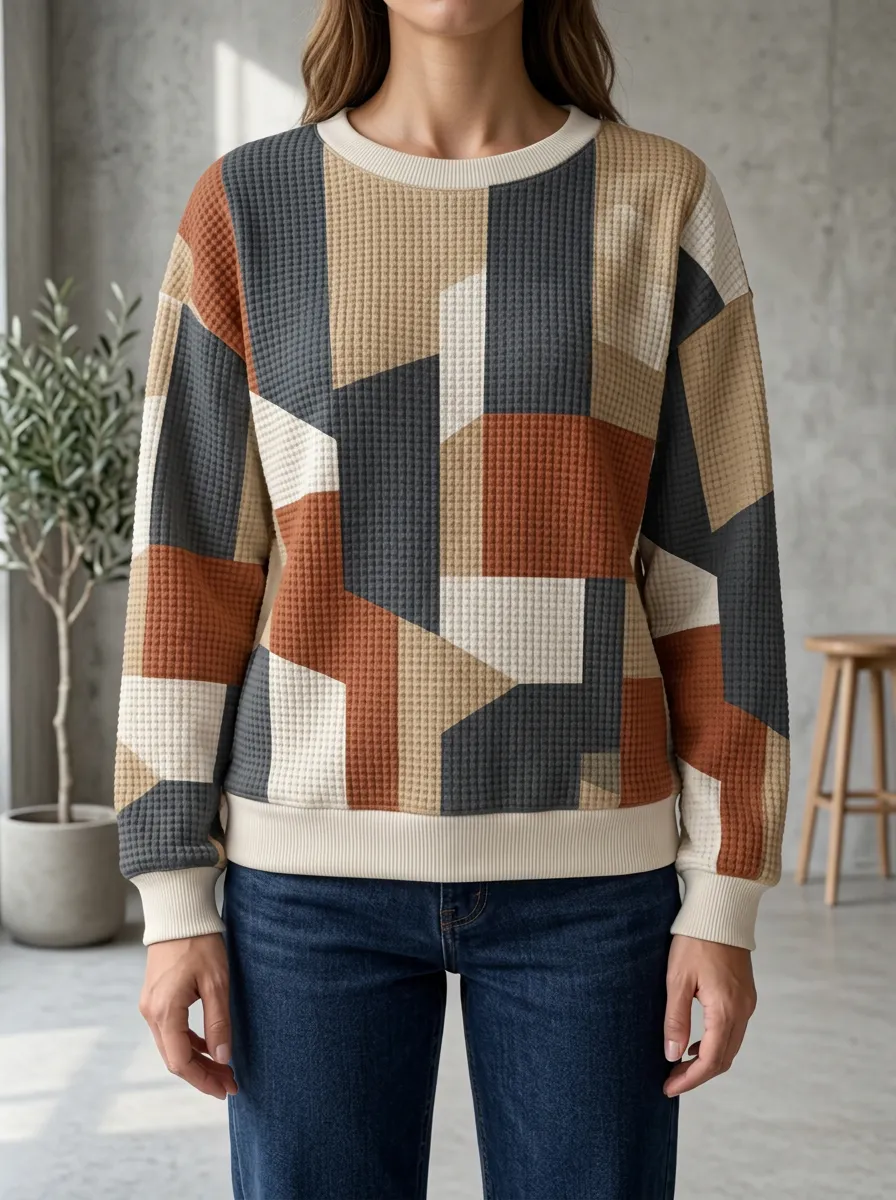 Women's Everyday Geometric Colorblock Waffle Knit Crewneck Sweatshirt