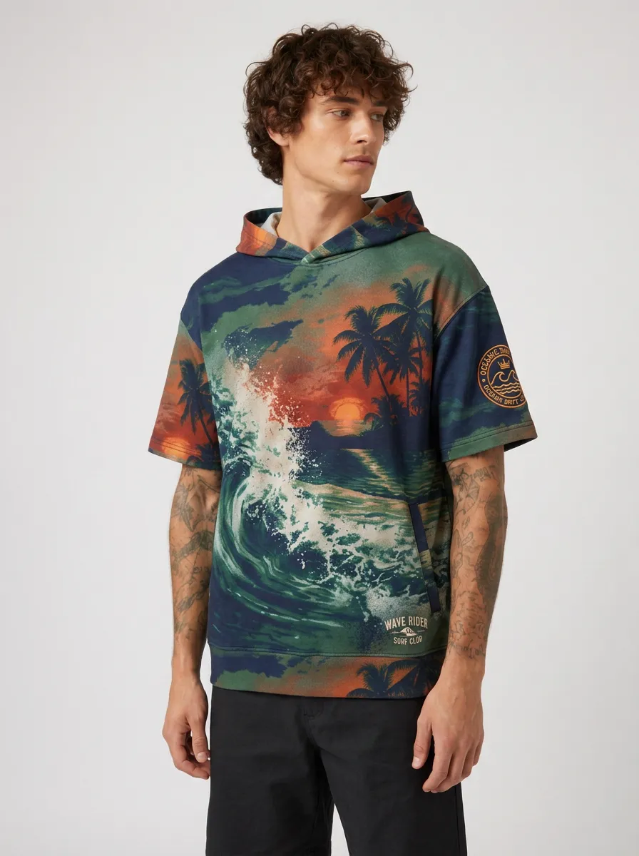 Men's Surf Lover Tropical Sunset Wave Printed Short Sleeve Hoodie