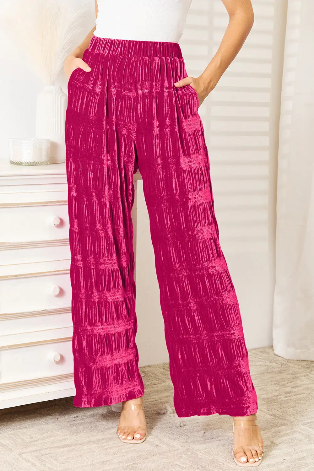 Daily Full Size High Waist Tiered Shirring Velvet Wide Leg Pants