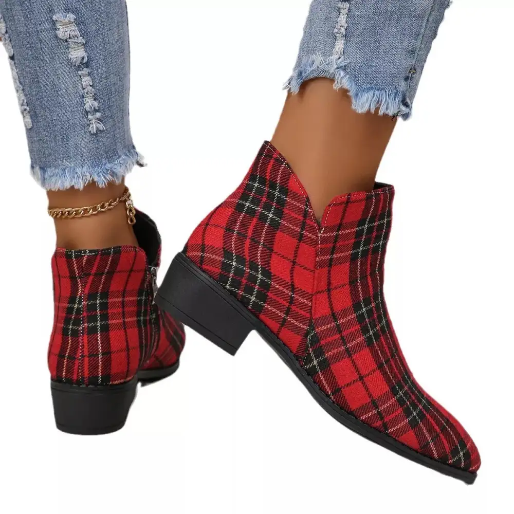 Plaid Pointed Toe Ankle Boots