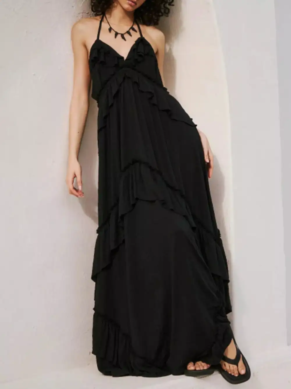 Polished Detail Ruffle Maxi Dress