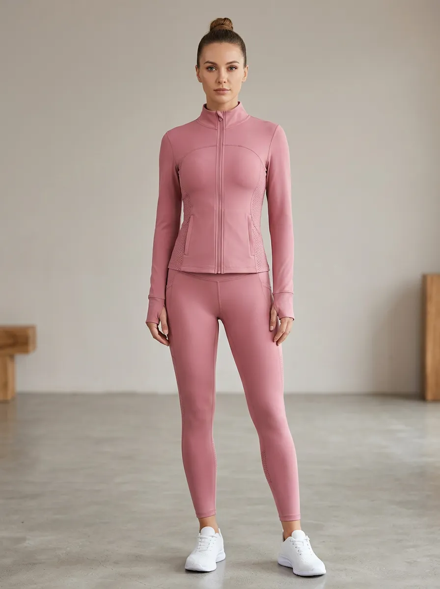 Modern Mesh Panel Mesh Detail Printed Clean Look Women's Sport Jacket and Leggings Set