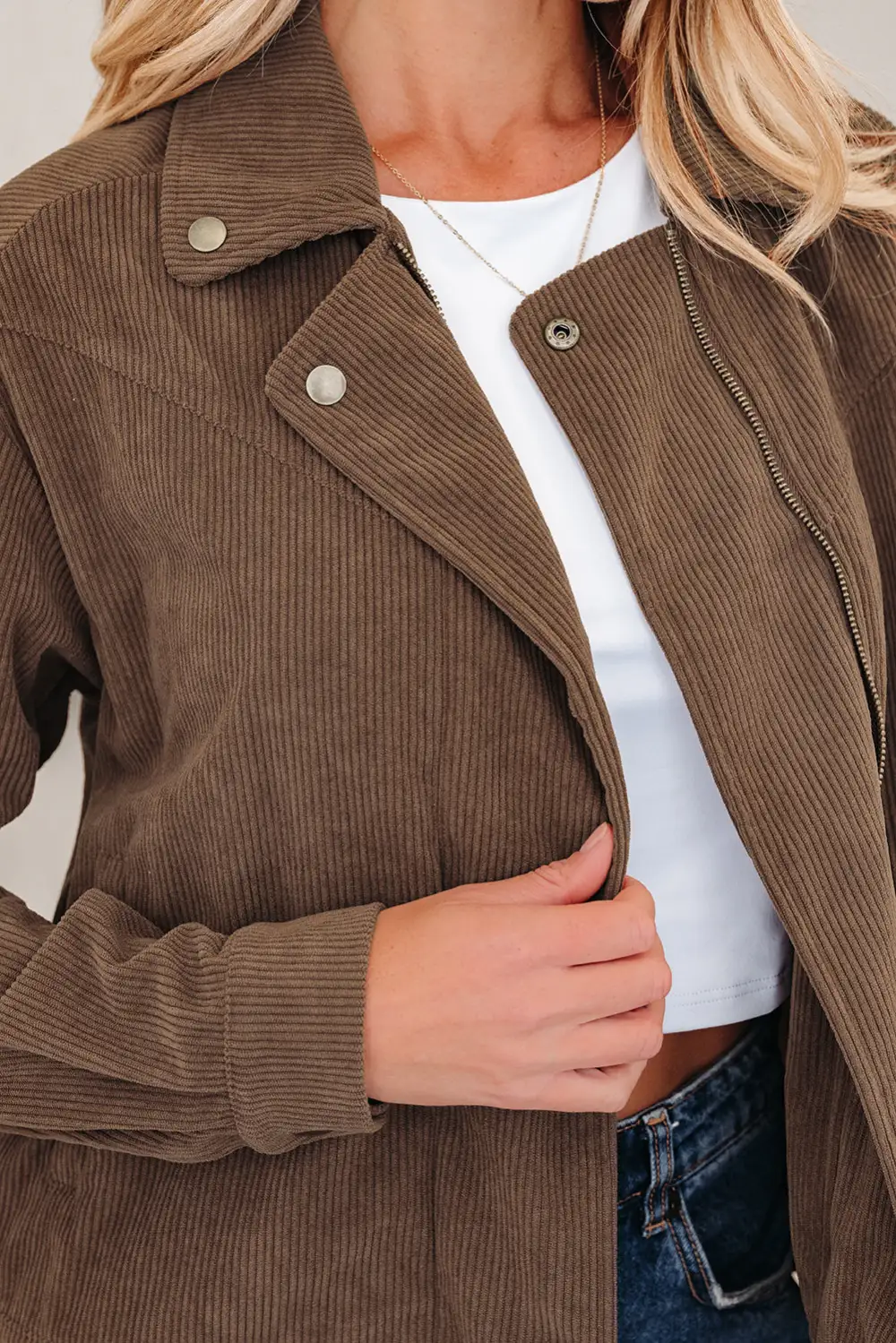 Zip-Up Lapel-Collar Collared Corduroy Jacket