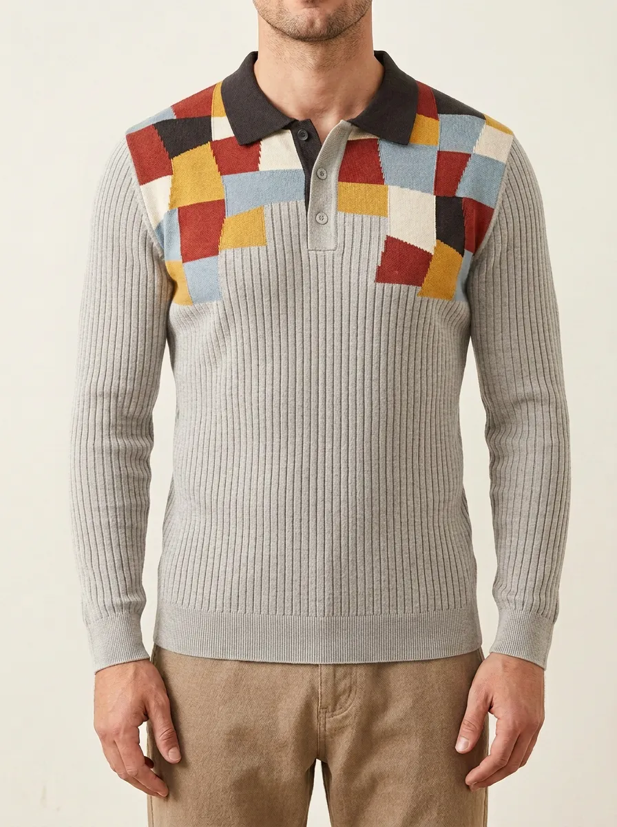 Men's Geometric Colorblock Pattern Printed Long Sleeve Polo Shirt