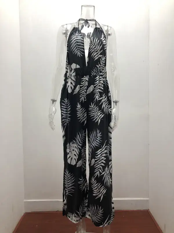 Irregular Printed Halter Neck Jumpsuit