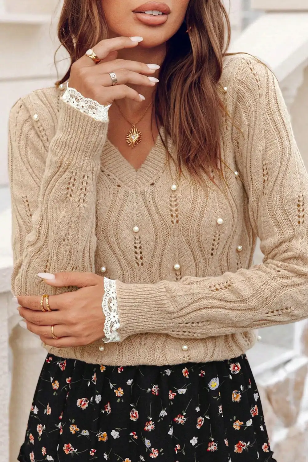 Lace Trim Knit Pearl Detail Sweater