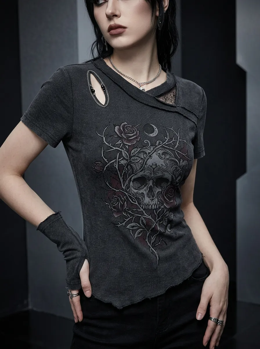Moonlit Skull Rose Moon Profile Women's Gothic T-Shirt