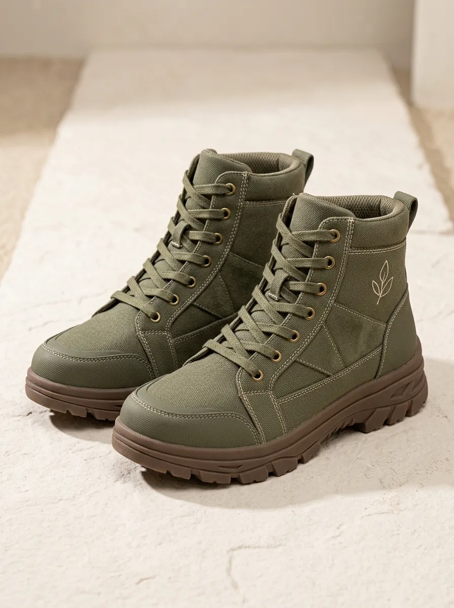 Leaf-Embroidered Embroidered Canvas Hiking Boots