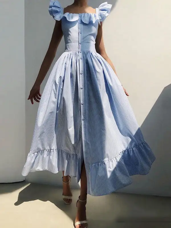 Trim Pleated Buttoned Neck Maxi Dress