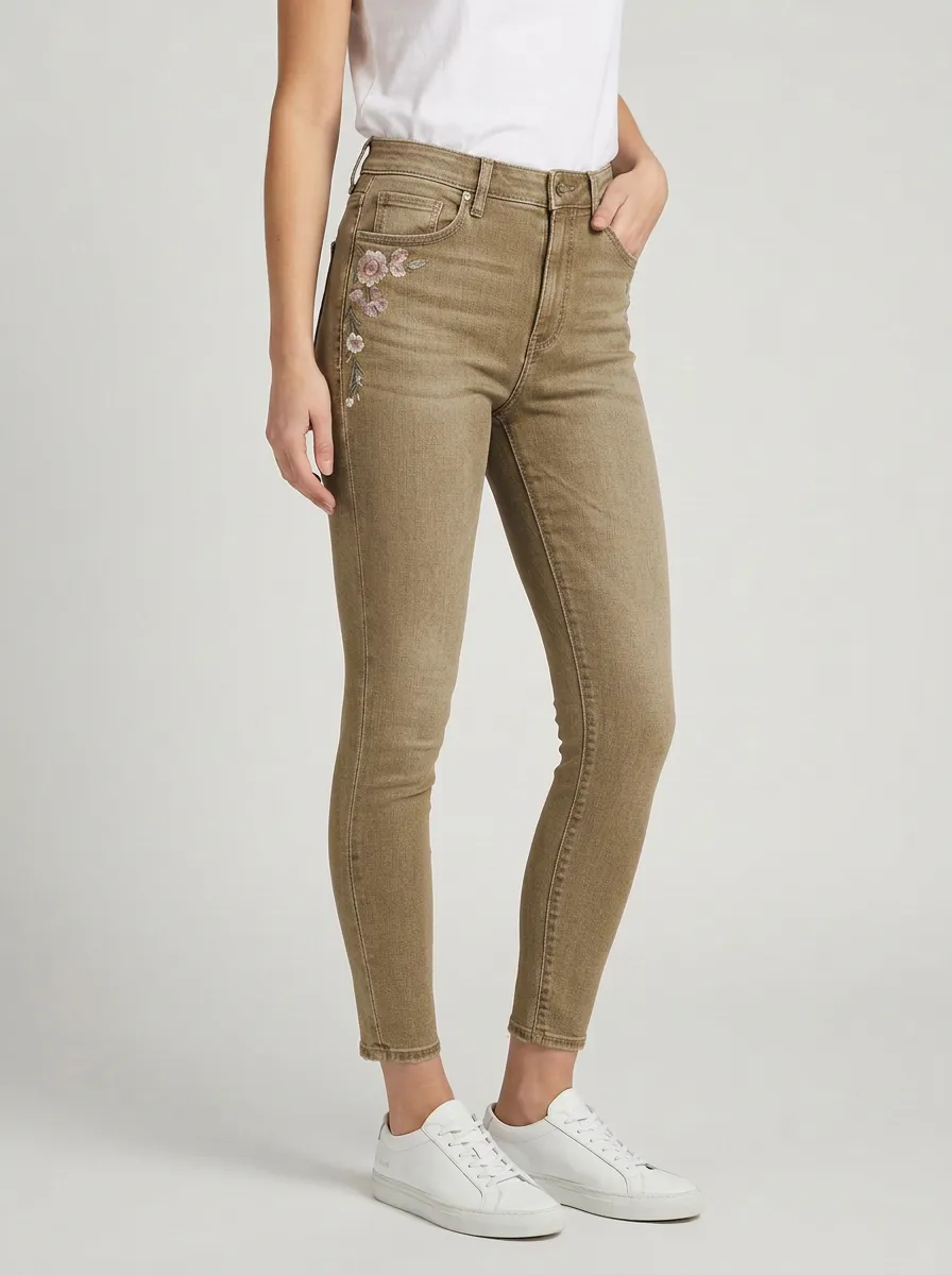 Women's Floral Embroidery Side Printed Slim Jeans