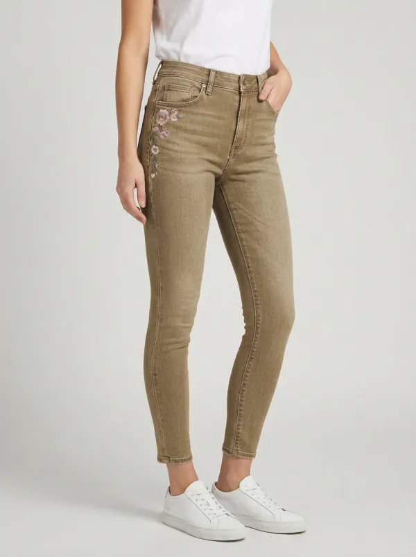 Women's Floral Embroidery Side Printed Slim Jeans