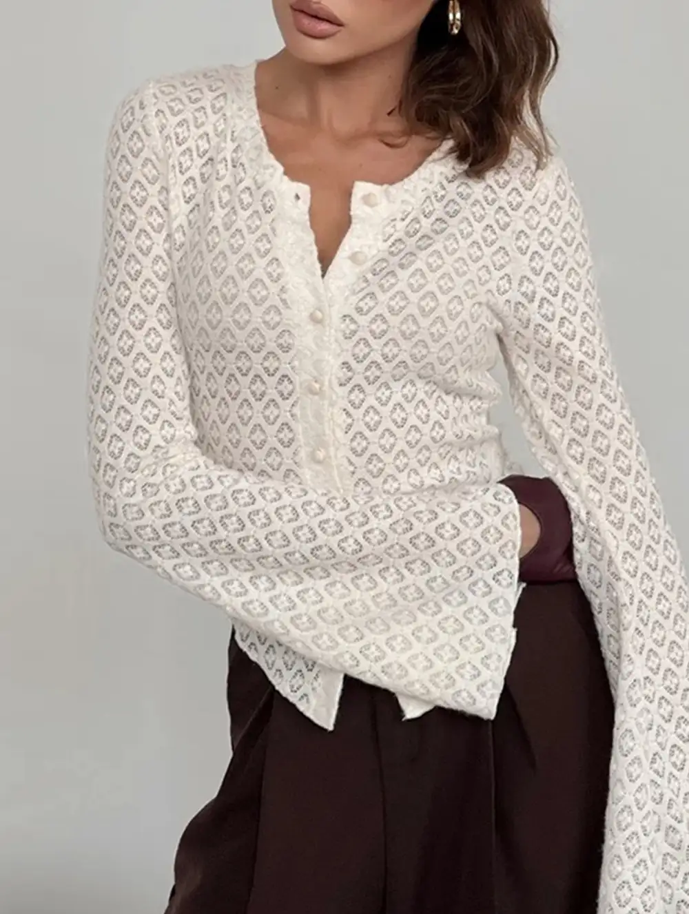 Crew Neck Lace Knit Cardigan Flare Sleeve Top