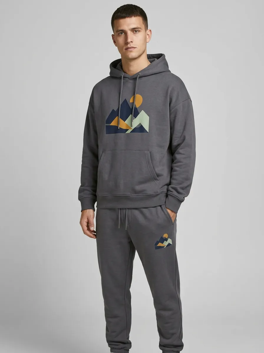 Men's Mountain Sun Graphic Kangaroo-Pocket Hoodie Jogger Set