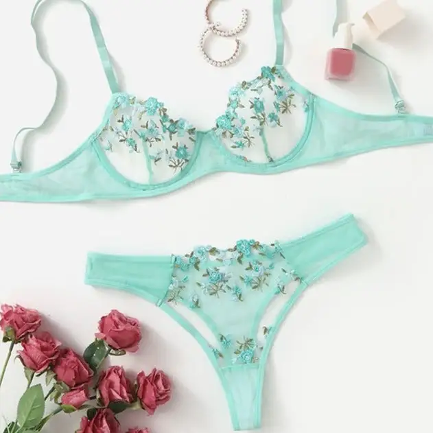 Floral Mesh Thong Lingerie Set